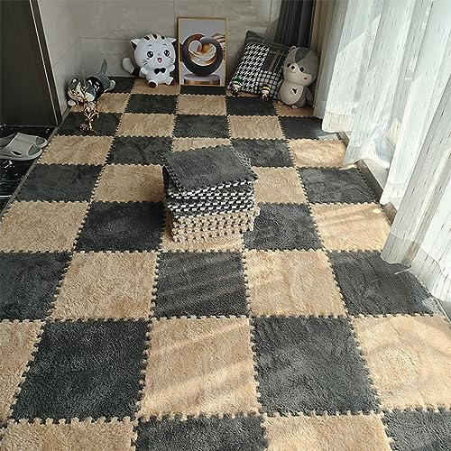 10 Piezas 12 X 12 Tapete De Espuma De Rompecabezas De Felpa con Borde, Alfombra Cuadrada Entrelazada Alfombra De área Esponjosa, Tapete De Juego Antideslizante para Dor(Color:Café Claro + Gris)
