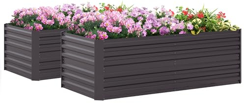 Outsunny Set of 2 Raised Beds for Garden, Galvanised Steel Outdoor Planters with Multi-reinforced Rods for Vegetables, Plants, Flowers and Herbs, 180 x 90 x 59 cm, Dark Grey