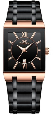 Silverora Armbanduhr Herren Rechteckig Herrenuhren: 3ATM Wasserdicht Eckige Analoge Quarz Uhren Herren Multifunktional Kalender Leuchtzeiger Uhr mit Edelstahlarmband Geschenke für Männer schwarz rosa