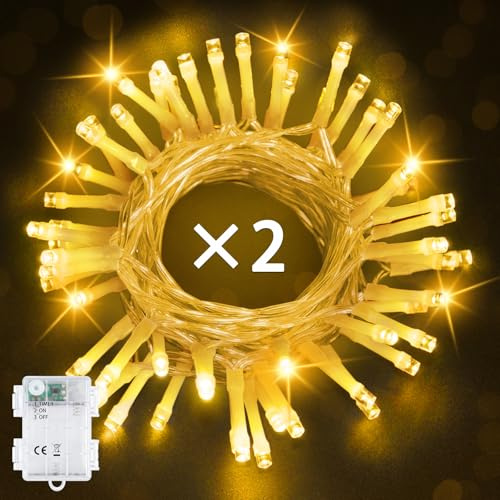 Lichterkette Außen Batterie, 2x5M Warmweiß Weihnachtsbeleuchtung mit Timer | 50 LED Lichterkette Weihnachtsbaum, IP65 Wasserdicht Lichterkette Weihnachten für Innen Zimmer Garten Hochzeit Party Balkon