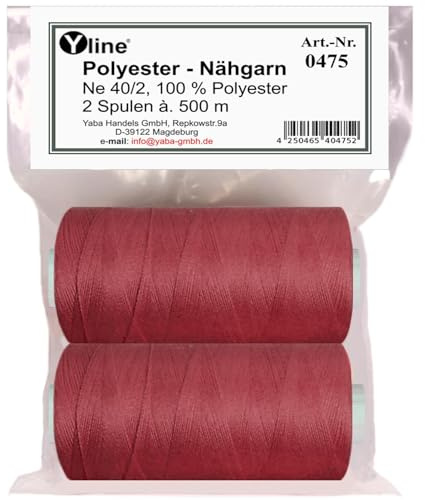 0475-23 Lot de 2 bobines de 500 m de fil à coudre/fil synthétique bordeaux - rouge - Fil à coudre en polyester pour machine à coudre (0,06 € /10 m)