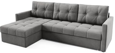 BETTSO - Ecksofa mit Schlaffunktion Olivia, Schlafsofa mit Bettkasten Couch, Wohnlandschaft, Bequemer Sitz, Gesteppter Stoff - 230x140x86cm, mit DL-Automat, mit 2 Bettzeugfach, Grau