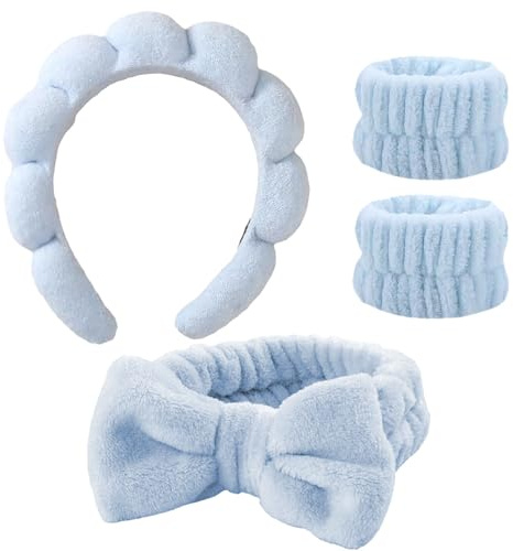 SSKHE Set de Bandeau de Maquillage et Soins de la Peau 4 Pièces en Éponge Nuage, Bandeau de Lavage Visage en Polaire, 2 Bandes de Poignet, Idéal pour le Nettoyage du Visage, le Démake-up