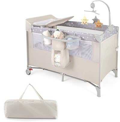 Fantaskk 5-i-1 vikbar babysäng, sidosäng för baby med hjul, lekbåge och skötdyna, resesäng med madrass och bärväska, mobil barnresesäng för baby upp till 3 år (beige)