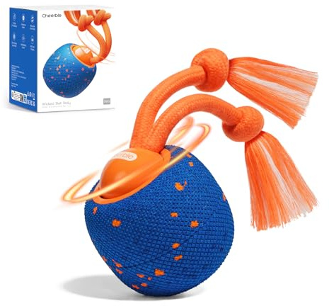 Cheerble Wicked Ball Rolly, interaktiver Hundeball mit Seil & Bellen Blau | Selbstrollendes Hundespielzeug, 3 Modi, austauschbare E-TPU-Hülle, USB-C aufladbar, für mittelgroße & große Hunde