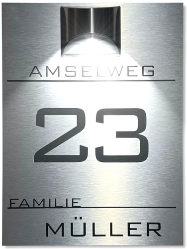 Hausnummer Beleuchtet Solar Schwarz Schild groß led personalisiert Tafel Hausnummernschild Solar Hausnummer für außen wasserdicht (Silber Variante A Montageband)