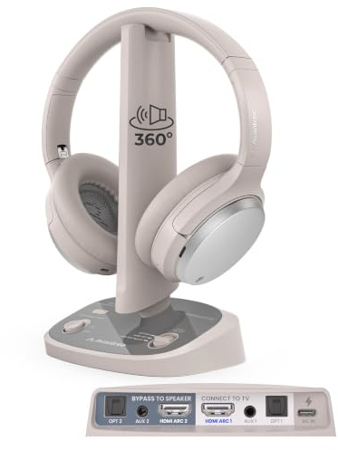 Avantree Crescendo 3D – Auriculares Inalambricos TV Televisión con Sonido Envolvente 3D, Modo Cine, Base Transmisora con Carga y HDMI ARC Passthrough para Barra de Sonido, 60 h, Batería Reemplazable