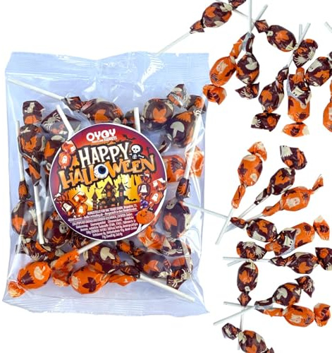 OYOY |15 Stk Halloween Lollies 150g | Erdbeer- und Orangengeschmack in gruseliger Verpackung | Halloween Süßigkeiten für Kindergeburtstag, Party & Candybar
