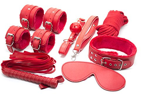 BONDAGERIE® Kit 8 Accessori nero con coppia manette e cavigliere, frusta, corda, collare, in ecopelle, sacco in raso incluso Colore: Rosso | Versione: Starter