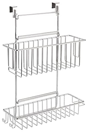 WENKO Einhängekorb Flexi, Organizer mit 2 Etagen zum Einhängen an Schublade und Schranktür, geeignet für Badezimmer und Küche, Befestigung ohne zu Bohren, aus verchromten Metall, 32 x 47 x 12,5 cm