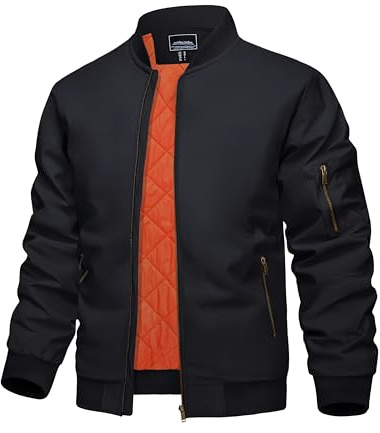 KEFITEVD Hombres Primavera Otoño Chaquetas Bombardero 4 Bolsillos Chaqueta Cortavientos Motocicleta Chaquetas Béisbol,Negro,XL