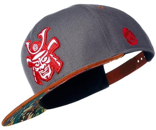 Cadency® Snapback Caps Herren, Samurai, Baseball Kappe, Basecap gerader Schirm, Premium Qualität, Langlebig, Einheitsgröße, Unisex, Grau, Größenverstellbar