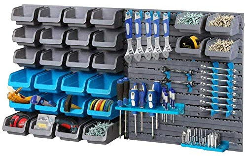 BAKAJI Pannello Da Parete 45pz con Box Contenitori Portautensili Stand Attrezzi e Ganci Officina Porta Utensili Minuteria Da Garage in Plastica Dura 56 x 14 x 50 cm Installazione a Muro
