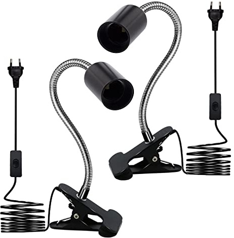 Klemmleuchte, E27-Fassung mit Clip aus Metall, 2 Stück Lampe Clip E27 mit Schwanenhals, 9 mm, Clip auf Lampenfassung mit 220 cm Kabel, Heizlampe, Klemmleuchte für Bett, Pflanzen, Tisch, Lesen