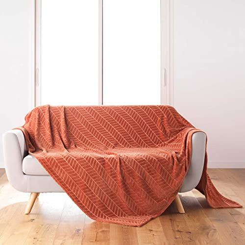 Douceur d'Intérieur, Plaid Doux (180 x 220 cm) Arya Terracotta, Flanelle Relief Unie
