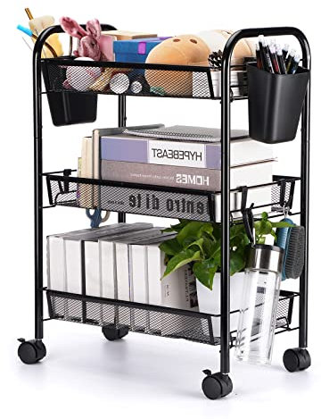 MEHUKOJ 3 Tier All-Metal Rolling Utility Cart with Locking Wheels,Easy-Carry and Assembly Mesh Trolley Cart with 2 Small Baskets and 4 Hooks for Bathroom Kitchen Office Balcony,Slide-Out Narrow Shelf