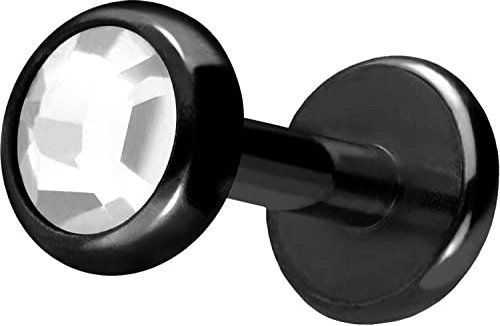 PIERCINGLINE Titan Labret mit Push Fit KRISTALLDISC Piercing Ohr Conch Tragus Lippe Nase Medusa Schwarz 1,2x6x4 mm