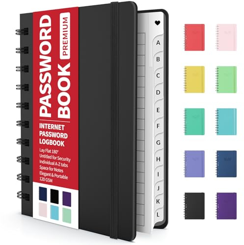 Forvencer Password Book with Individual Alphabetical Tabs, 4 x 5.5 Small Password Notebook, Spiral Password Keeper, Internet Address and Password Manager, Password Logbook for Home Office, Black