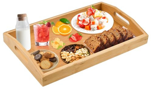 QINERSAW Bandeja de bambú para Servir con Asas Plato de Madera Bandeja de Madera Bandeja de Cocina Rectangular Bandeja de Desayuno Bandeja de bambú para Desayuno, té, Mesa de café, 35x22x3cm