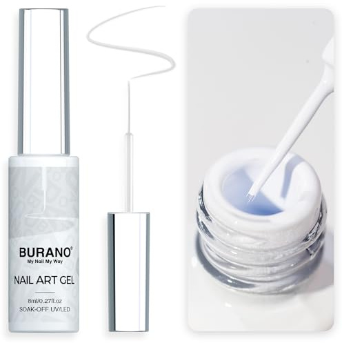 BURANO Gel Nail Polish Liner - Black, White, Purple, Red, Pink - 8ml (LX12), Build-in Thin Nail Brush, Curing Required