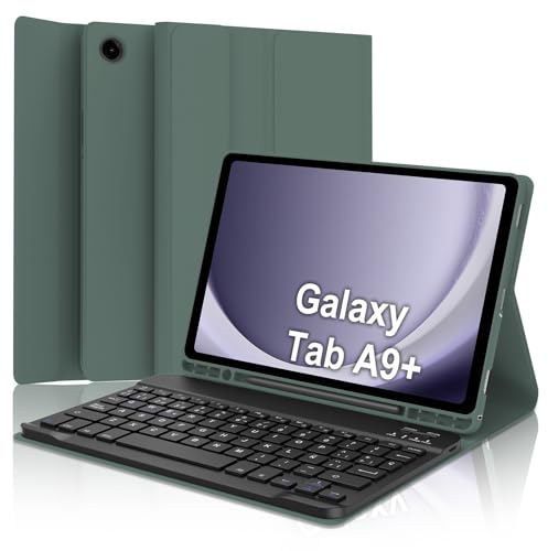 IVEOPPE Funda Teclado para Samsung Galaxy Tab A9+/A9 Plus 11 Pulgadas 2023 | Capa Keyboard QWERTY Español Ñ, Bluetooth Magnético Desmontable Recargable Teclado con Portalápices, Verde oscuro