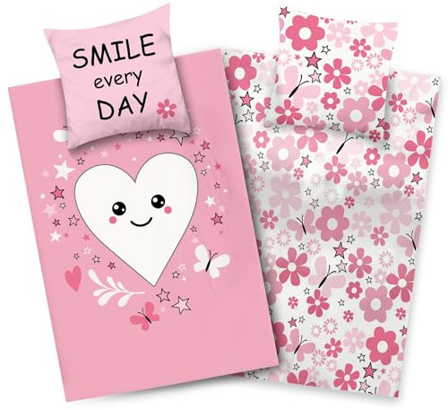 Aminata kids sängkläder 135 x 200 flickor hjärta blommor bomull vändbar barn sängkläder hjärta motiv YKK-dragkedja rosa presenter