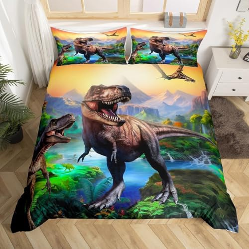 Homewish Housse de Couette Dinosaure 140x200 Enfant Parure de Lit Ado Garçon, Ensemble de Literie Dino Jungle Housse de Couette Animaux Anciens en 3D, Décoration de Chambre en Dinosaures