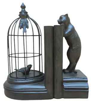 Yingbei Rustikale Buchstützen aus Kunstharz – Schwerer Buch-Organizer mit Katze und Vogelkäfig für Regale – Büro-Dekor, Buchhalter und Stopper, Schwarz