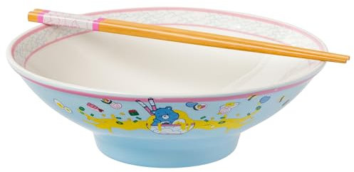Silver Buffalo Care Bears Grumpy Bear Foodie Eating Sushi and Noodles Ceramic Ramen Noodle Rice Bowl with Chopsticks, Microwave Safe, 30 Ounces