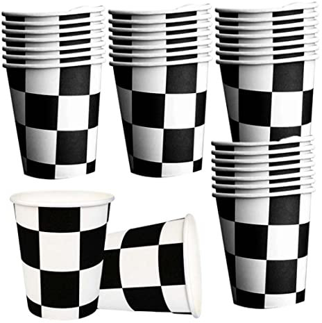 Coppa per feste da corsa Black White a scacchi di carta Coppa di compleanno usa e getta per forniture per feste da corsa 40pcs 7x8.5x5 cm.