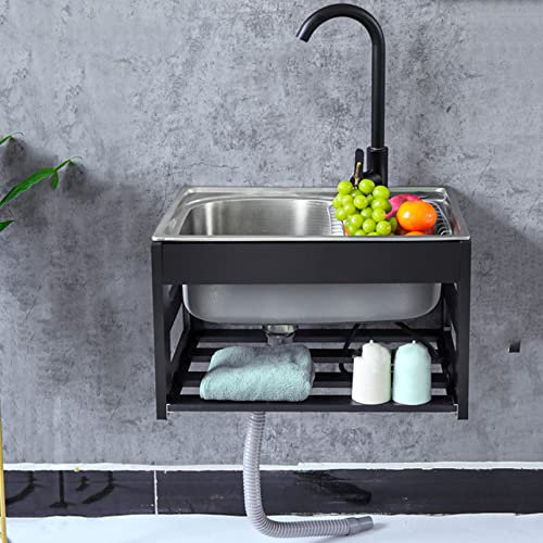 Freistehende Edelstahlspüle, Küchenspüle, tragbare Handwaschstation, Wandmontage, Handwaschbecken, kommerzielle Außenspüle mit Kalt- und Warmwasserhahn, für Garage, Waschküche, Außenbereich