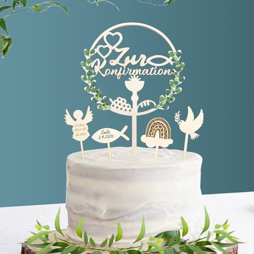 Wentsent Tortendeko Konfirmation Holz, Cake Topper Konfirmation Holz, Taube Fisch Regenbogen Engel Party Kuchendeko für Junge Mädchen