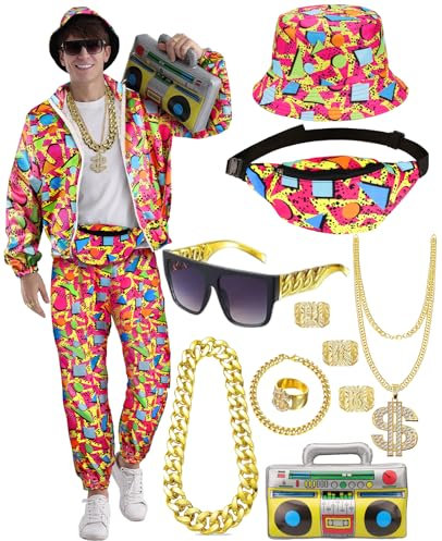 WILDPARTY Tenue Déguisement années 80 90 Homme, Survêtement avec Accessoires Gonflables Ghettoblaster, Sac Banane, Lunettes, Chapeau, Collier, Bracelet, Bague, pour Carnaval et Fêtes à Thème