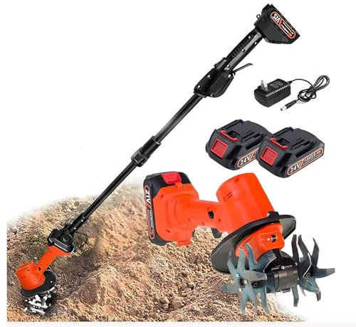Motozappa elettrica da giardino, motozappa a batteria con asta telescopica, 2 batterie, larghezza di lavoro 10 cm, profondità di lavoro 10 cm, motozappa per il terreno, per fattoria, cortile, prato