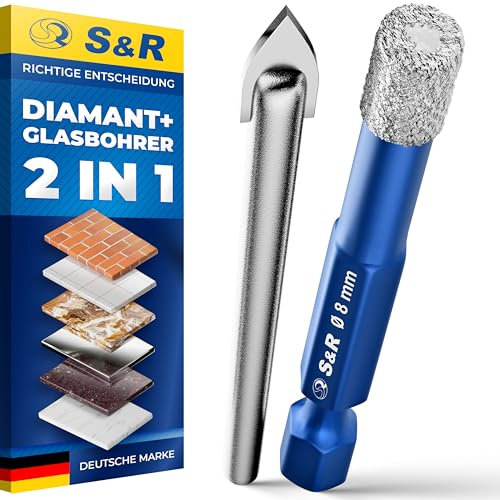 S&R Set di 2 Punte Trapano: 1 Diamantata 8mm e 1 Centraggio Vetro. Punte Gres Porcellanato Piastrelle Ceramica Granito Marmo Vetro Professionali.