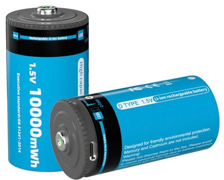 Batterie Ricaricabili Al Litio D Confezione da 2 Batteria D Ad Alte Prestazioni 10000mWh 1,5V per Torce Elettriche, Radio, Orologi, Stereo, Ecc.