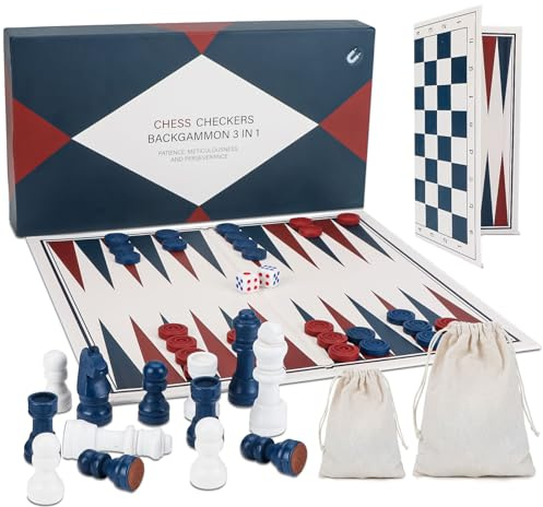 3-In-1 Backgammon-Set, Tragbares Magnetisches Schachspiel Reiseset mit Checkers-Brettspiel, Faltbares Chess Set für Erwachsene und Kinder, Geschenk für Weihnachten, Geburtstage, Feiertage(25x25cm)