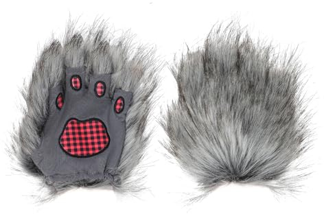 TINAYAUE Furry Paw Gloves Wolf Ears Hat Grey Werewolf Costume for Halloween Cute Animal Cosplay Accessories Plush Warm Hat Fingerless Wolf Claws Gloves