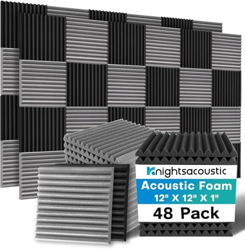 48 Pack Sound Proofing Panels, 1 X 12 X 12 Acoustic Wall Foam Panels, Soundproofing Acoustic Panels, High Density Soundproof Acoustic Absorbing Panels for Podcast Studio, Offices, Black+Grey