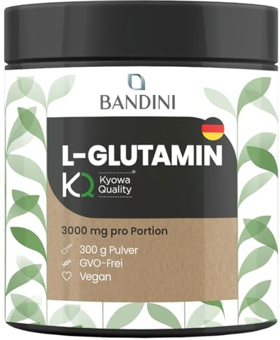 Bandini® L-Glutamin Pulver 300g | 100% Kyowa® L Glutamin Top Löslichkeit | aus pflanzlicher Herkunft | vegan, Geschmacksneutral | Über 99,9% Reinheit | Pre Workout Booster | Hochdosiert, laborgeprüft