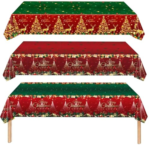 MORAINJAY 3Pcs Weihnachten Tischdecke, 137*274cm Weihnachten Tischtuch, Rot Tischtuch, Gold Groß Fleckschutz Tischtuch, Grün Tischwäsche, Rechteckig Tischdecke für Esstische Couchtische Geschenktische
