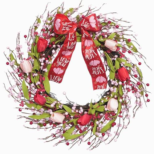 CIR OASES 22 Inch Spring Wreath for Front Door - Red Pink Tulip Wreath with Ribbon Bow, Artificial Wreath for Wall, Mantel, Valentine's Decor Home Party Decoration