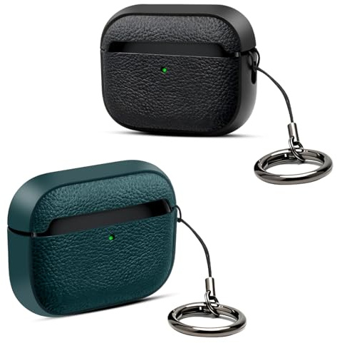 LOLANIUT Coque pour AirPods Pro 3e génération, Set de 2 (Noir & Vert foncé), étui AirPods Pro 3 en TPU Imitation Cuir Antichoc avec dragonne et Anneau métallique, Compatible Charge sans Fil