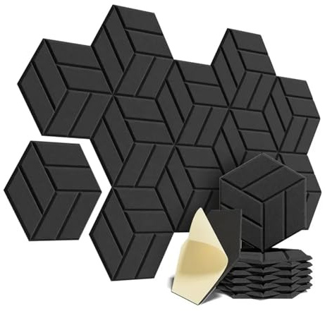 Panneaux insonorisants, Lot de 12 panneaux muraux acoustiques hexagonaux autocollants à motif solide for une réduction du bruit(Black)