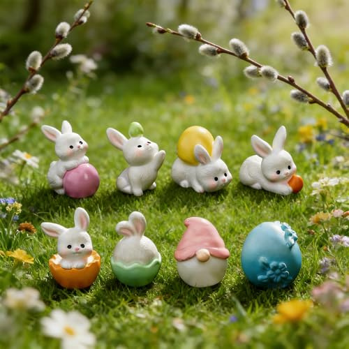 PIujsym 8 Stück Mini Osterhase Figuren Set - Süße Hasen & Ostereier aus Harz - Kreative Osterdeko für Tisch & Garten - Klein für Mooslandschaft, DIY Basteln & Ostern