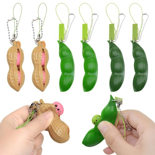 Quesuc 6 Piezas Juguetes Anti-Estrés Apretables De Edamame Y Cacahuete Squeeze Toy De Plástico Llaveros Anti-Estrés Creativos Como Regalos De Fiesta