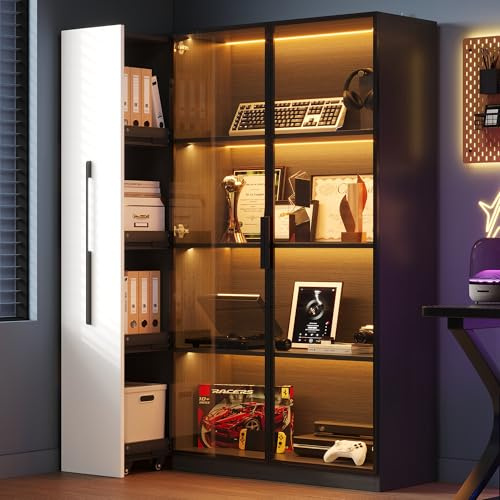 BTM Multifunktionsschrank Vitrine und Bücherregal mit Türen mit Rollen, Seitenauszug, Hochschrank Glasvitrine mit LED Beleuchtung, Schwarz