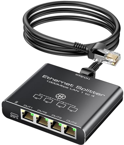 KiWiBiRD LAN Splitter 1 auf 4, LAN Verteiler 1 auf 4, Netzwerkverteiler 1000Mbps RJ45 Netzwerk Internet Kabel LAN Switch 4 Port für Cat 8 7 6 5 Kompatibel mit Router TV Box PC Laptop PS5 Xbox Printer
