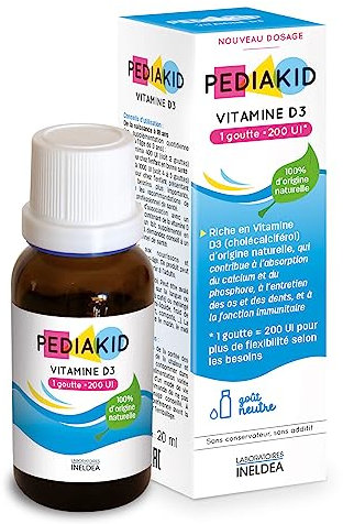 PEDIAKID - Vitamina D3 100% di origine naturale - Rafforza le difese naturale - Idoneo per i neonati - Copre 200% dei valori nutritivi di riferimento