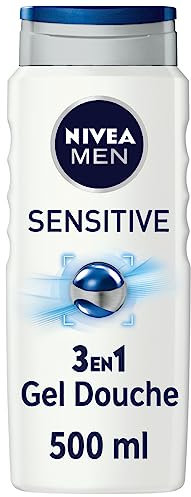 NIVEA MEN Gel Douche Sensitive 3 en 1 (1 x 500 ml), gel douche homme pour peau sensible, nettoyant doux pour corps, cheveux et visage, soin lavant à l'extrait de bambou